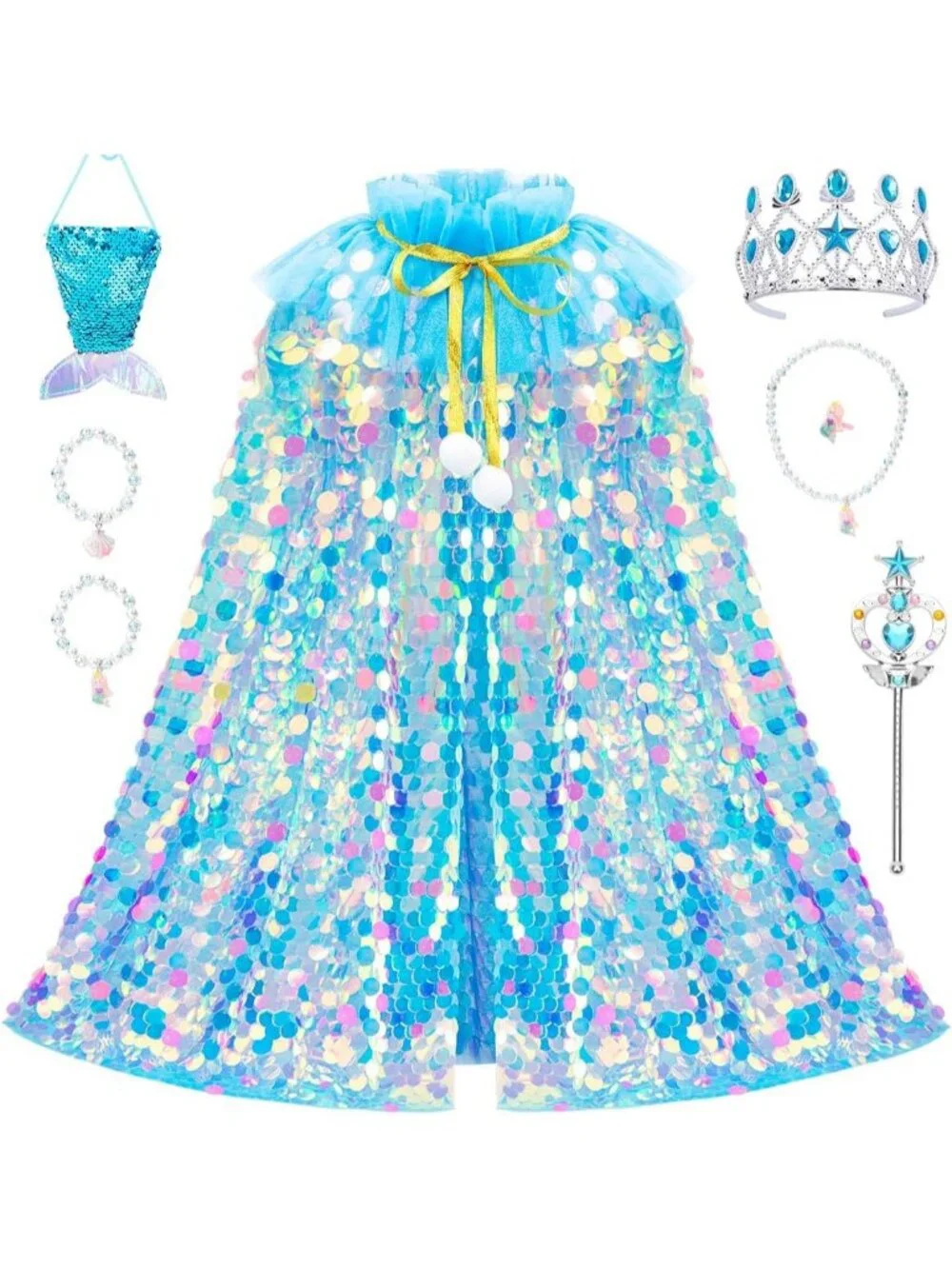 Mermaid Princess Dress Up Cape with Crown Costume Set for Girls Ages 3-8- Blue